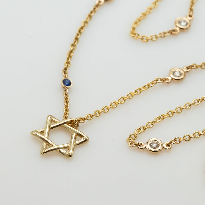 Diamond By The Yard Necklace with Star of David and Blue Sapphire