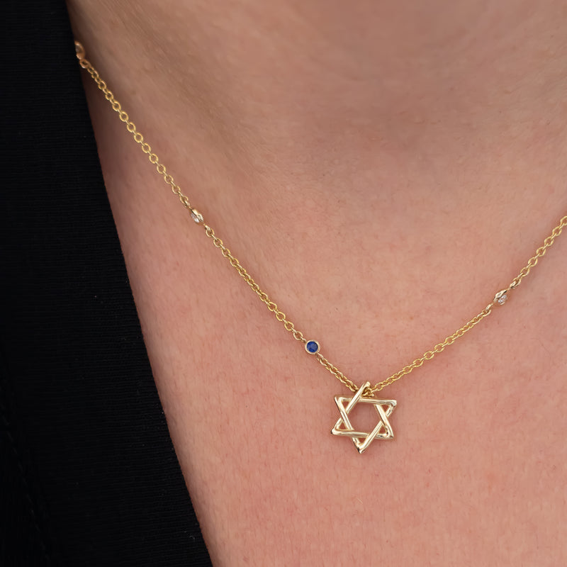 Diamond By The Yard Necklace with Star of David and Blue Sapphire