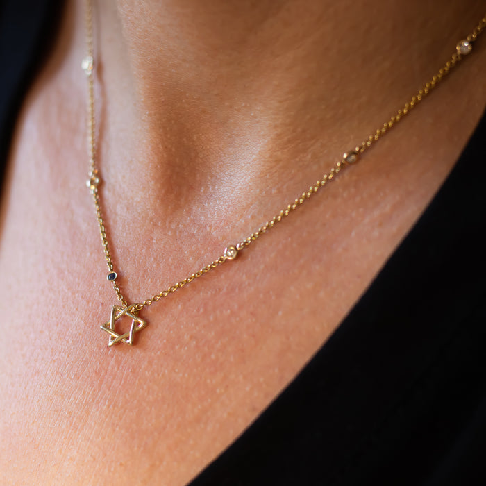 Diamond By The Yard Necklace with Star of David and Blue Sapphire