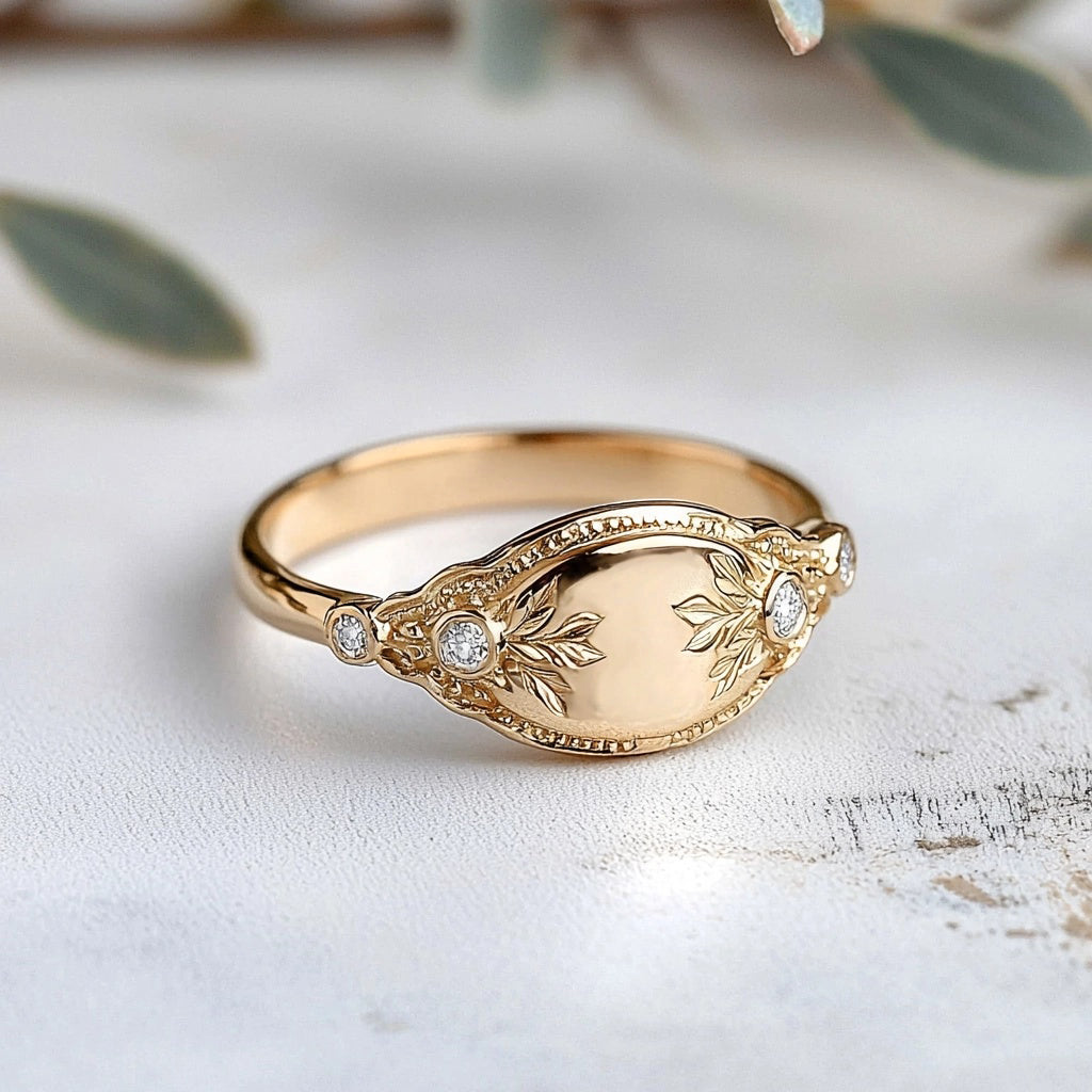 Seraphina - Floral Vintage Diamond Signet Gold Ring