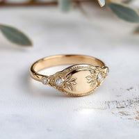 Seraphina - Floral Vintage Diamond Signet Gold Ring