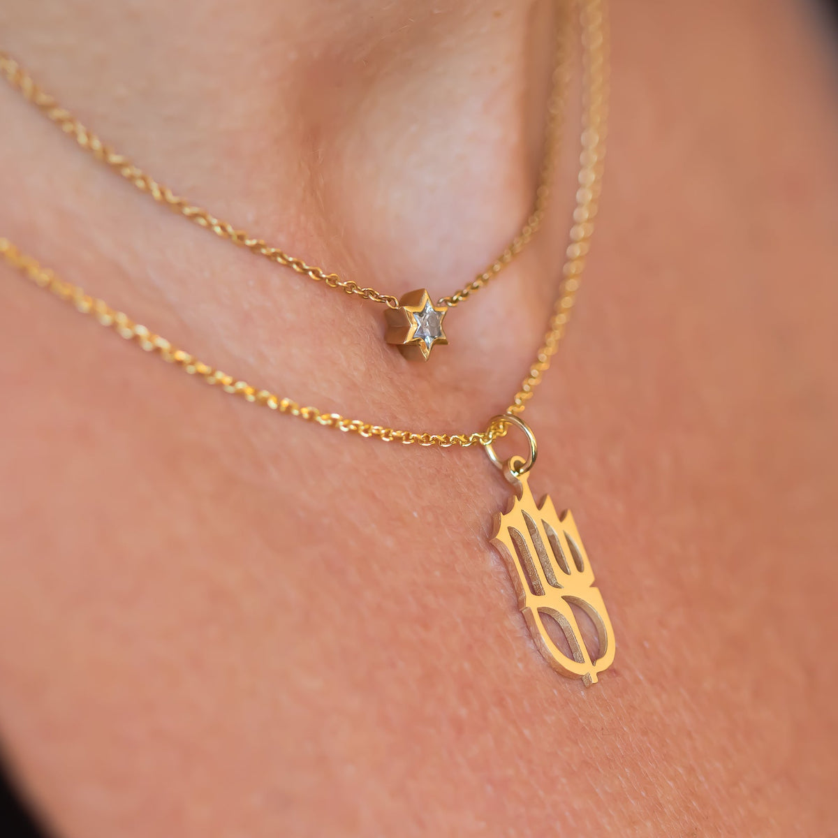 Shalom שלום Pendant charm necklace with Star of David Diamond charm pendant in 14k gold on body