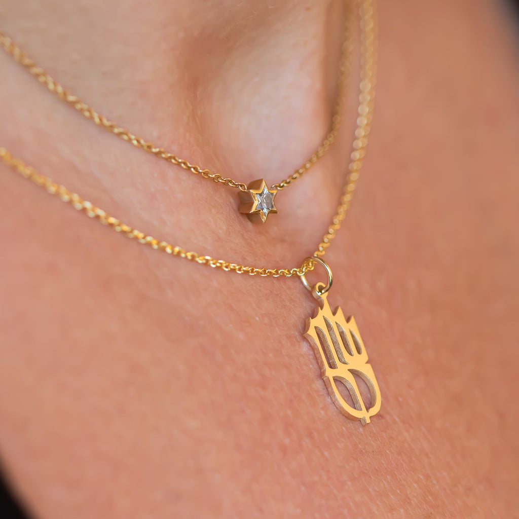 Shalom שלום Pendant charm necklace with Star of David Diamond charm pendant in 14k gold