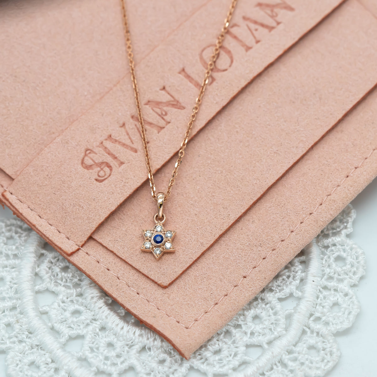 Small Star of David Charm necklace with blue sapphire and diamonds in 14k rose gold