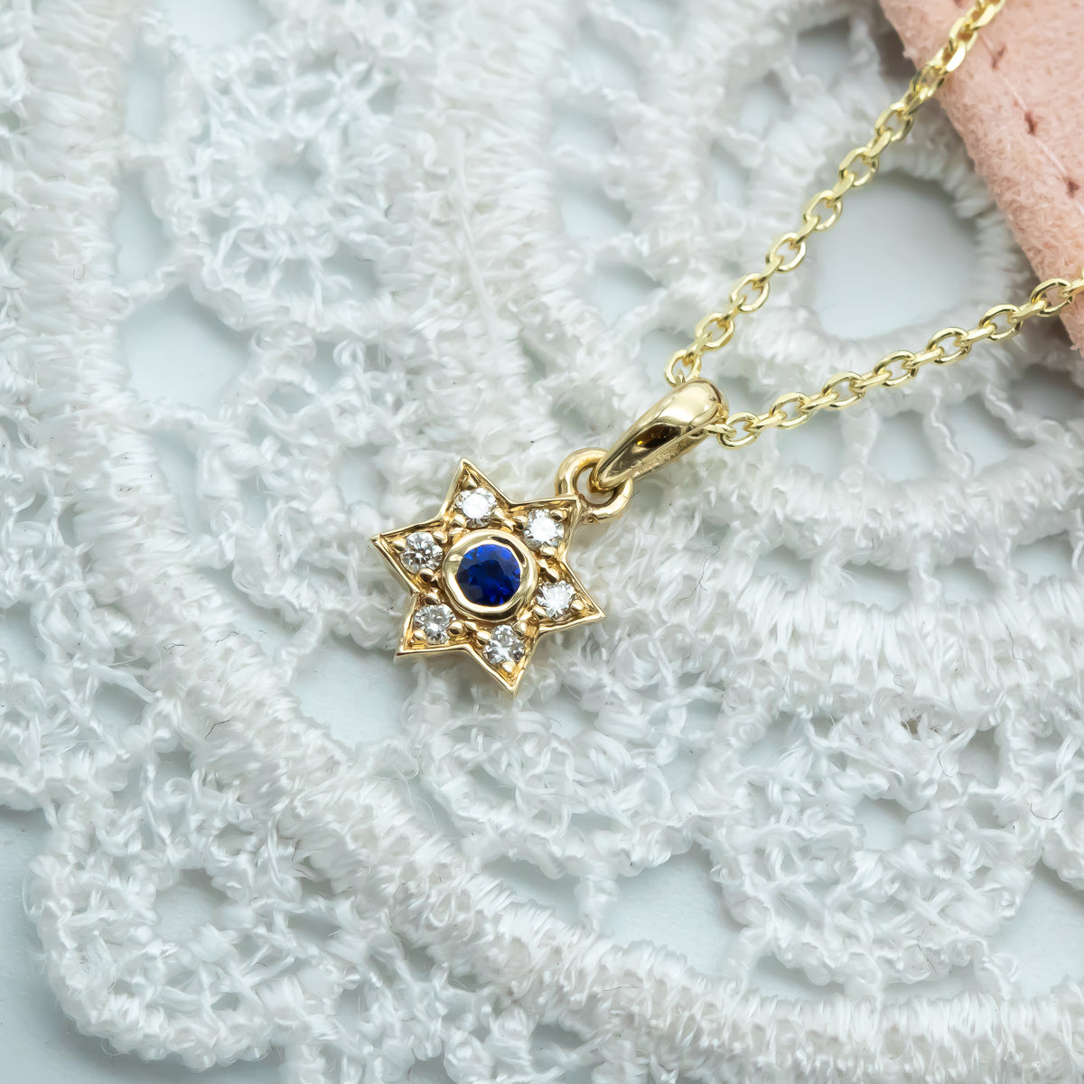 Small Star of David Charm necklace with blue sapphire and diamonds in 14k yellow gold