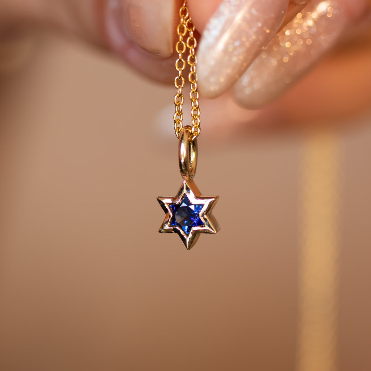 Orion | Star of David Cut Blue Sapphire Gold Charm Pendant