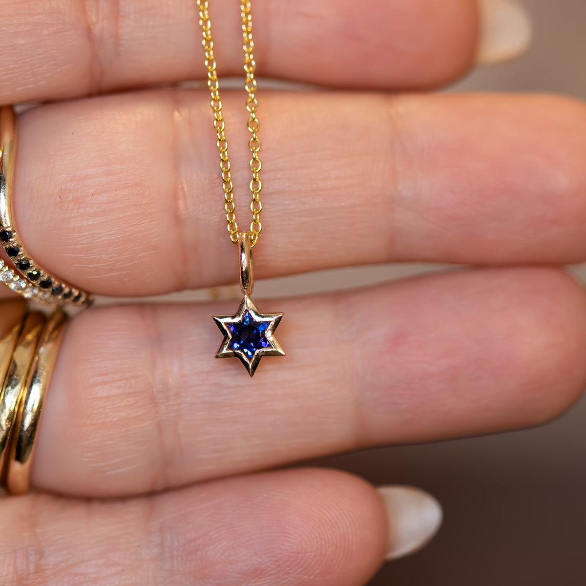 Orion | Star of David Cut Blue Sapphire Gold Charm Pendant