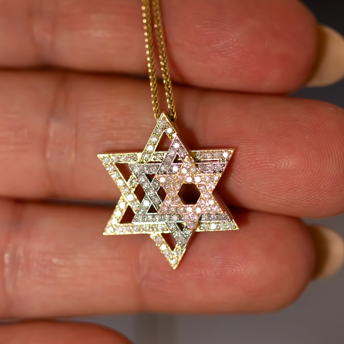Three Star Of David Diamond Pendant Necklace