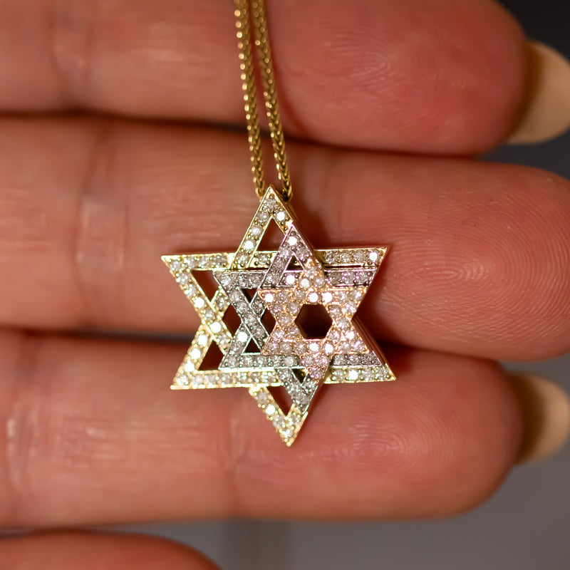 Three Star Of David Diamond Pendant Necklace