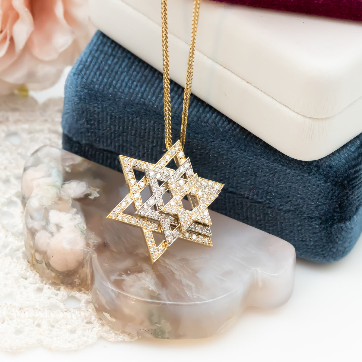 Three Star Of David Diamond Pendant Necklace