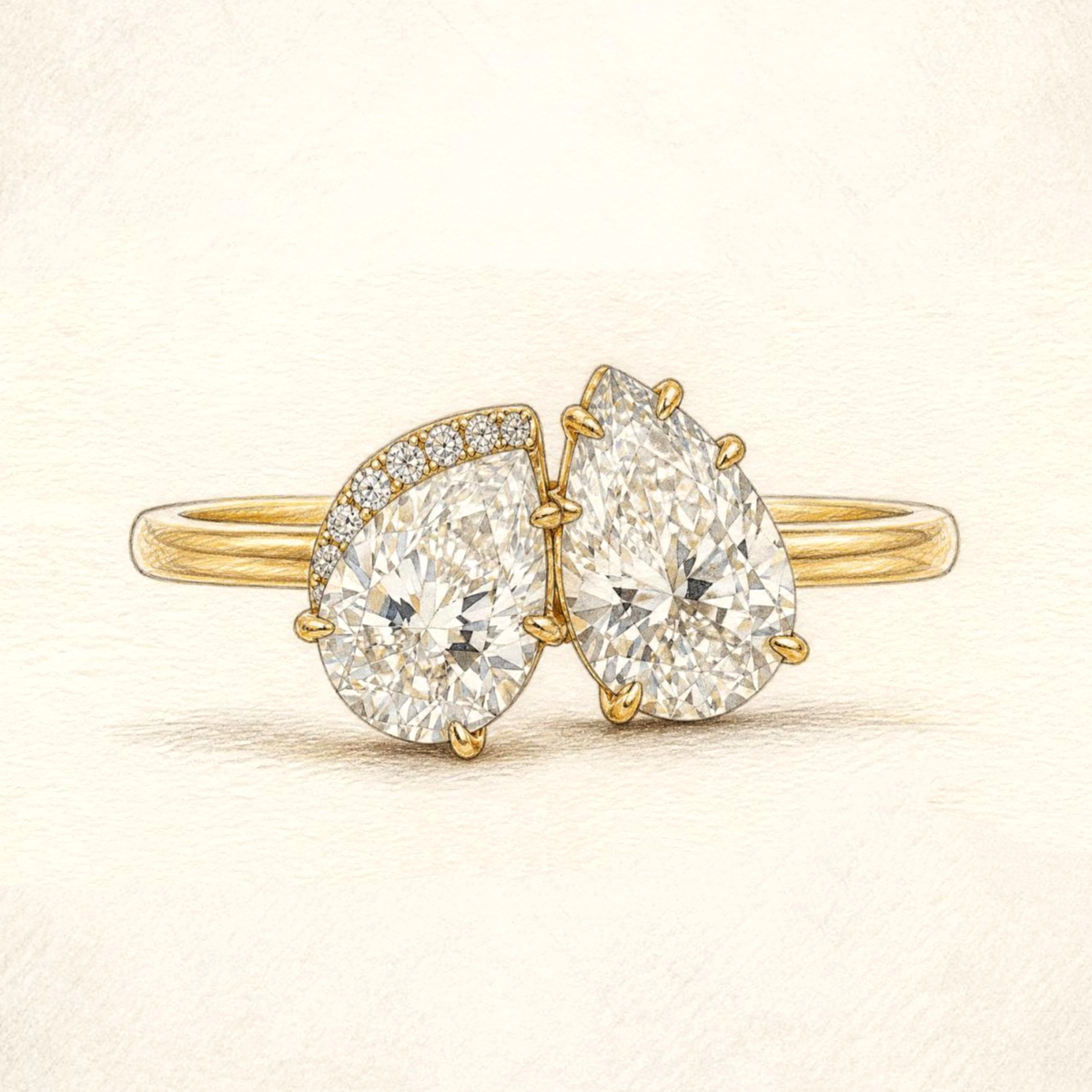 Toi et Moi diamond ring - Two pear diamond ring with side stones - made to order
