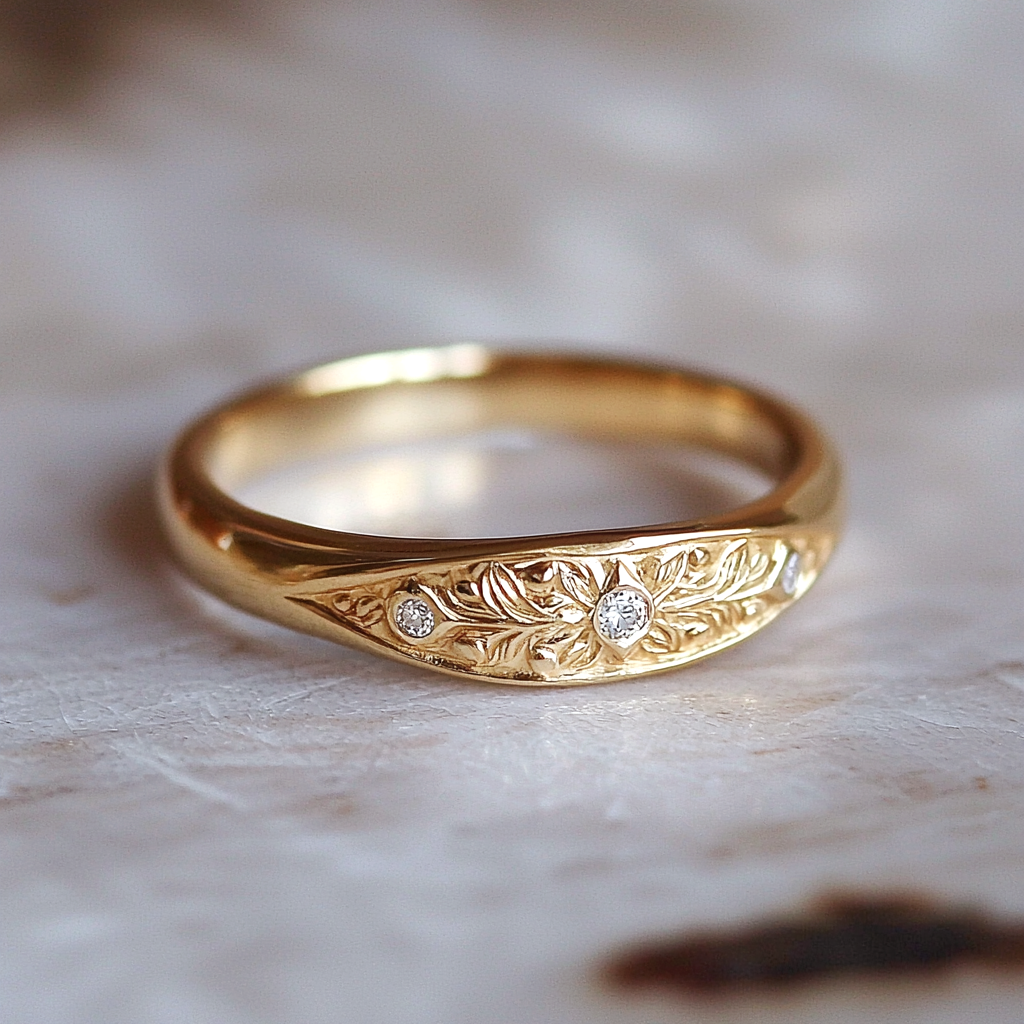 VERA – a gold floral engraved ring with three tiny diamonds, handmade in solid gold with delicate botanical detailing.