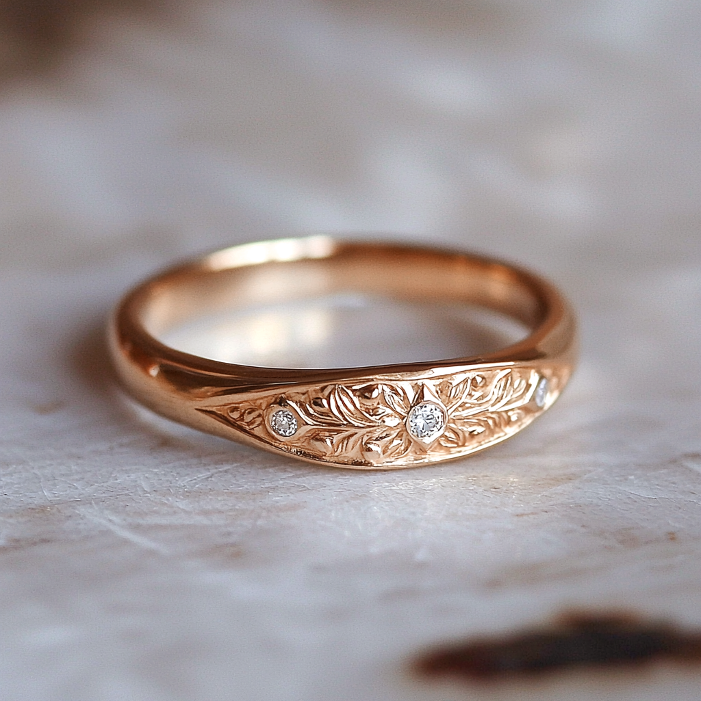VERA – a gold floral engraved ring with three tiny diamonds, handmade in solid gold with delicate botanical detailing.