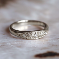 VERA – a white gold floral engraved ring with three tiny diamonds, handmade in solid gold with delicate botanical detailing.