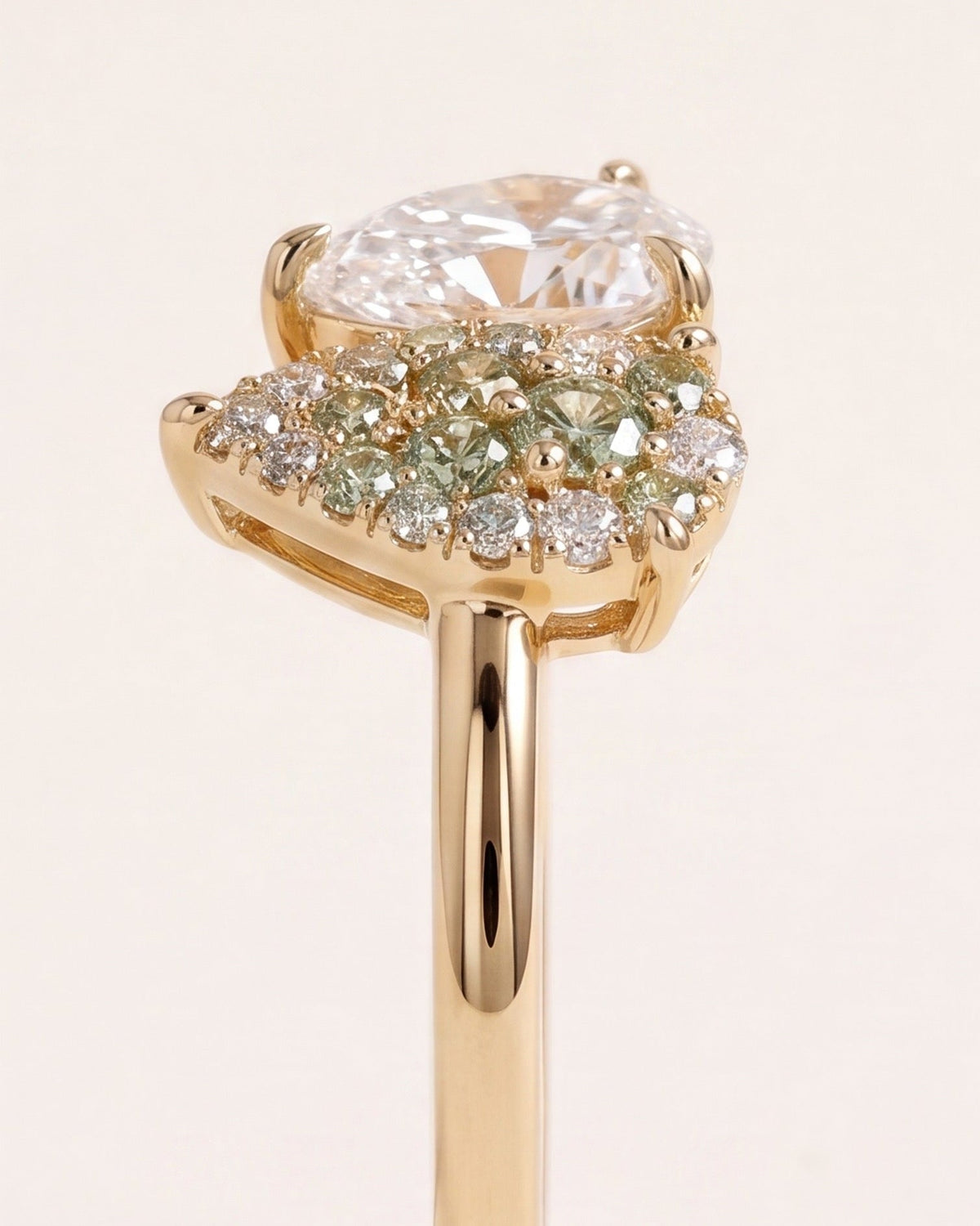 Close-up of green sapphire cluster detail on Elara Green engagement ring