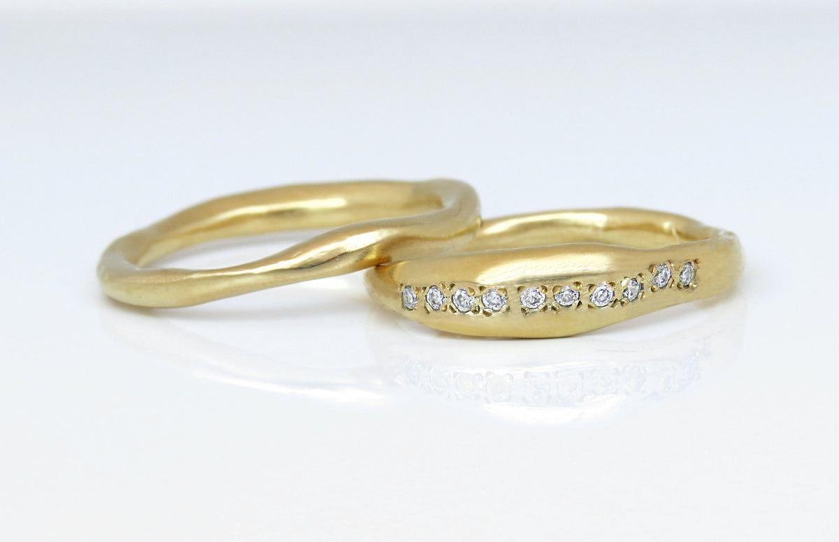 Bridal Set Rings, Sculpted Wedding Set, Rough Gold Weeding Ring Set, 14k Gold Diamond Engagement Wedding Ring Set, Diamond Wedding Ring Set