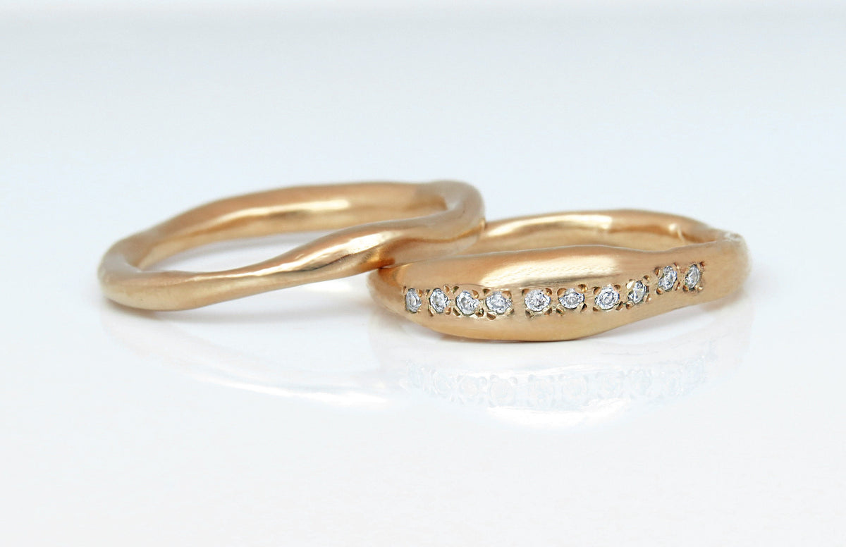 Bridal Set Rings, Sculpted Wedding Set, Rough Gold Weeding Ring Set, 14k Gold Diamond Engagement Wedding Ring Set, Diamond Wedding Ring Set