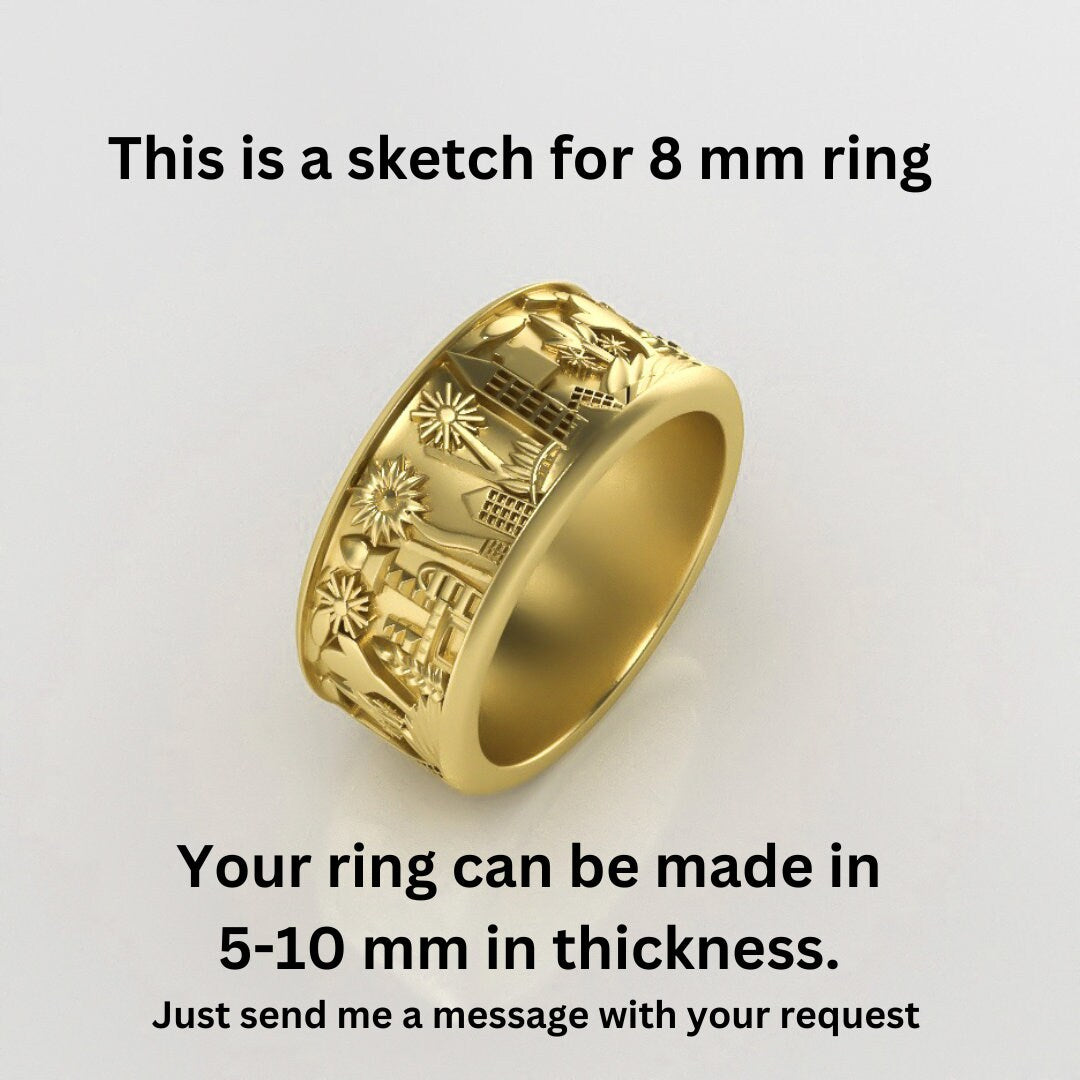Home Ring, 14k Gold Ring with engarving, Jerusalem Ring, Unique Wedding Band