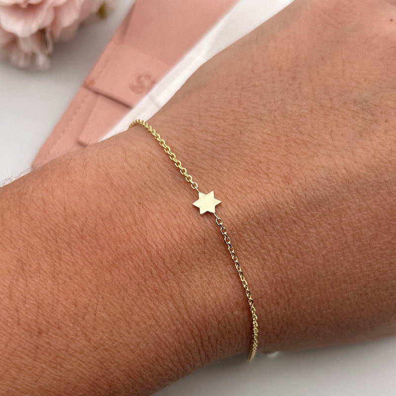 Magen David Gold Bracelet, Magen David Charm Bracelet, 14k Solid Gold Chain Bracelet with Star of David Charm