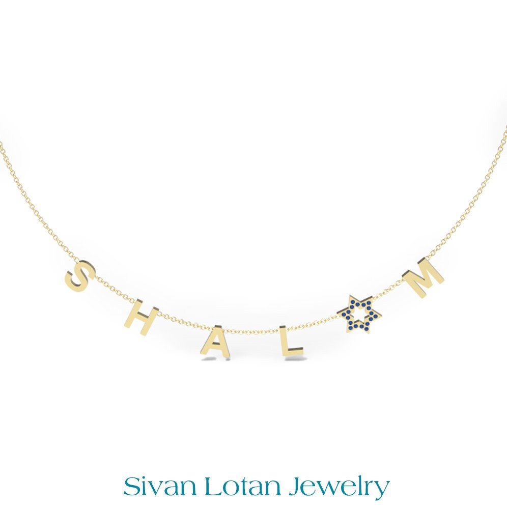 SHALOM Necklace, Letter Necklace with Magen David, 14K Gold Letter Necklace, Israeli Necklace, Star of David Shalom peace Neckalce