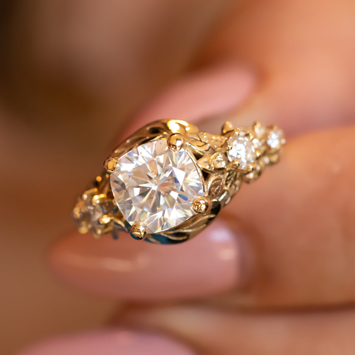 Unique Nature Inspired Diamond Engagement Ring, 2 CT Cushion Moissanite Ring with Diamonds, Flowers and Leaves Diamond Ring