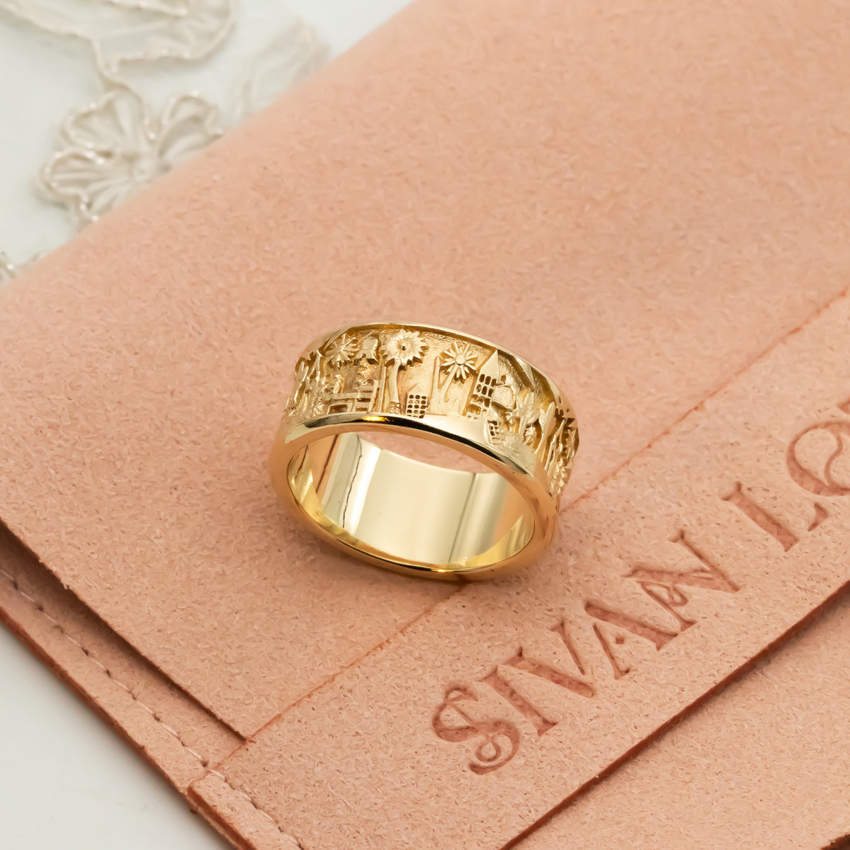 Home Ring, 14k Gold Ring with engarving, Jerusalem Ring, Unique Wedding Band