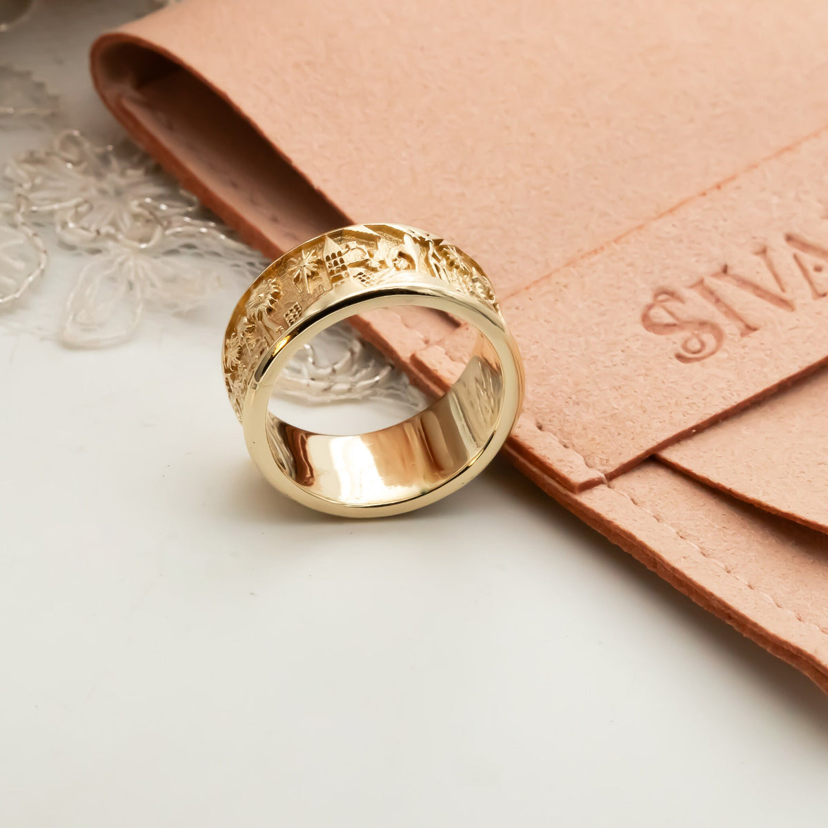 Home Ring, 14k Gold Ring with engarving, Jerusalem Ring, Unique Wedding Band