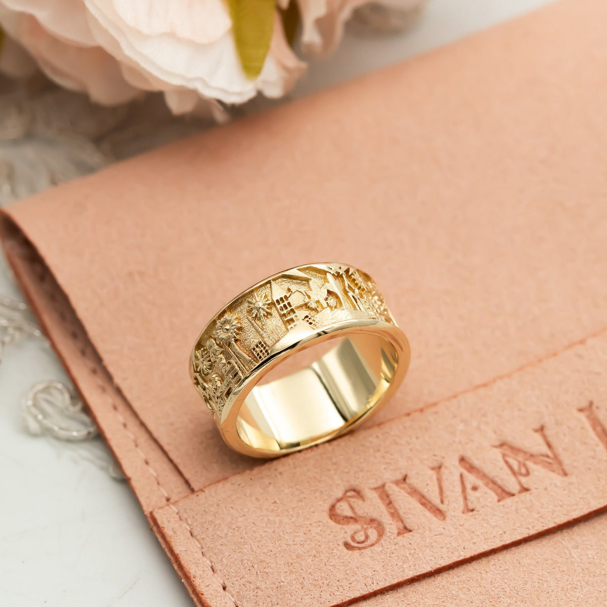 Home Ring, 14k Gold Ring with engarving, Jerusalem Ring, Unique Wedding Band