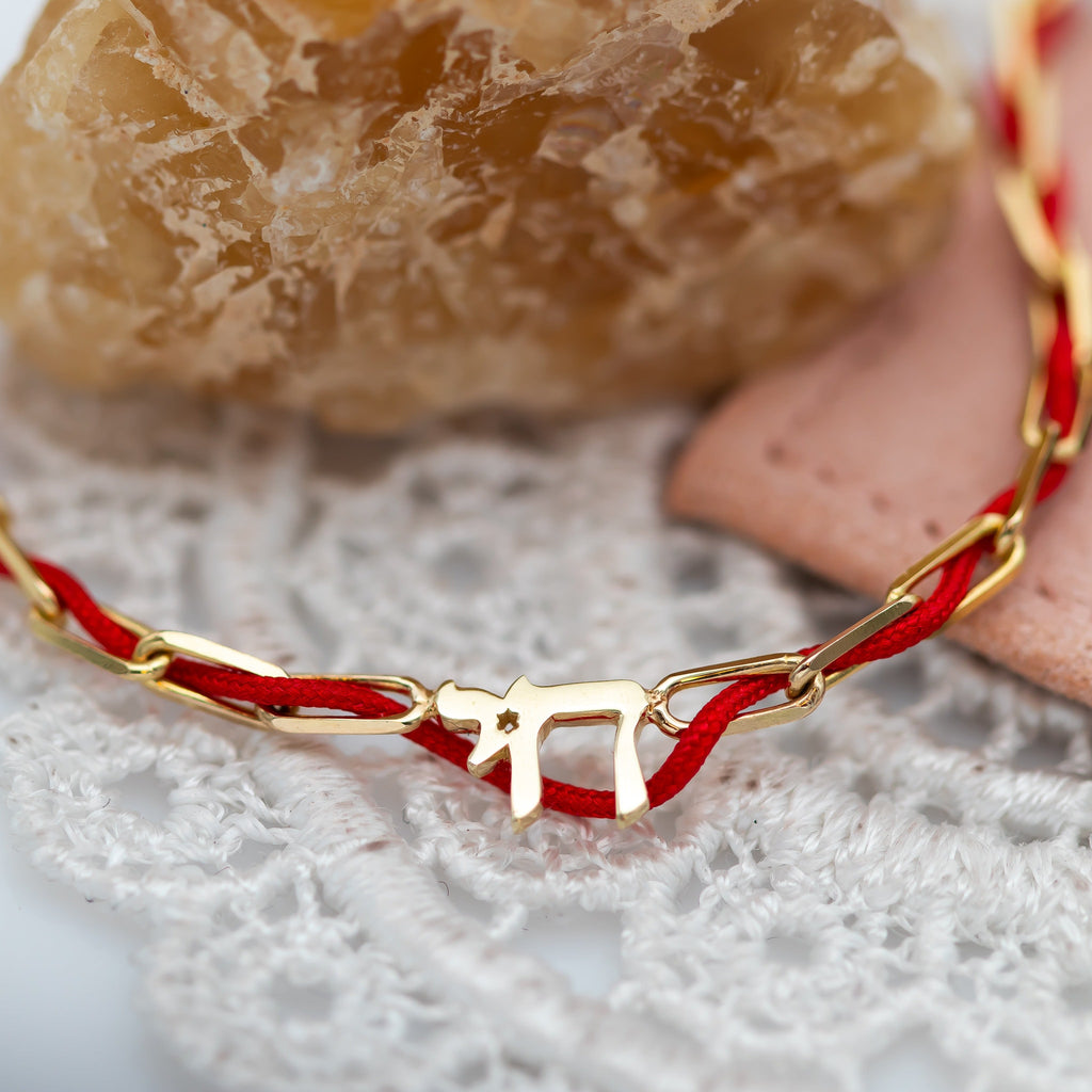BLESSED - 14K Gold Bracelet with Chai Charm and Red String - Blessed by the Rabbi