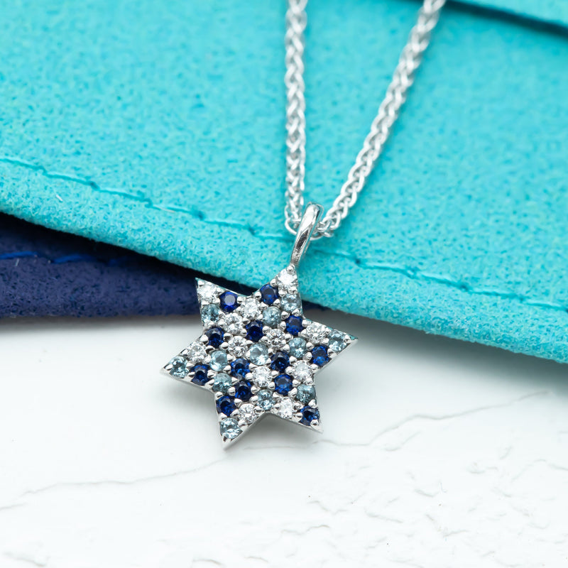 Blue Star of David, Pave Star of David Necklace, Blue Sapphire Topaz Diamonds Unique Star of David Jewish Star 14K Gold Magen David Jewelry