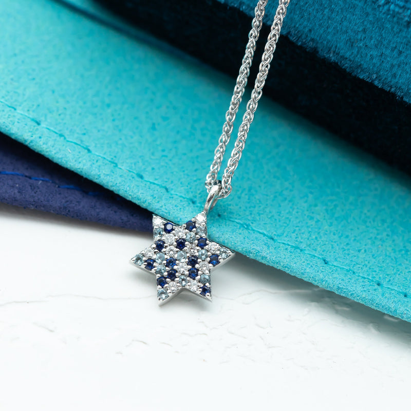 Blue Star of David, Pave Star of David Necklace, Blue Sapphire Topaz Diamonds Unique Star of David Jewish Star 14K Gold Magen David Jewelry