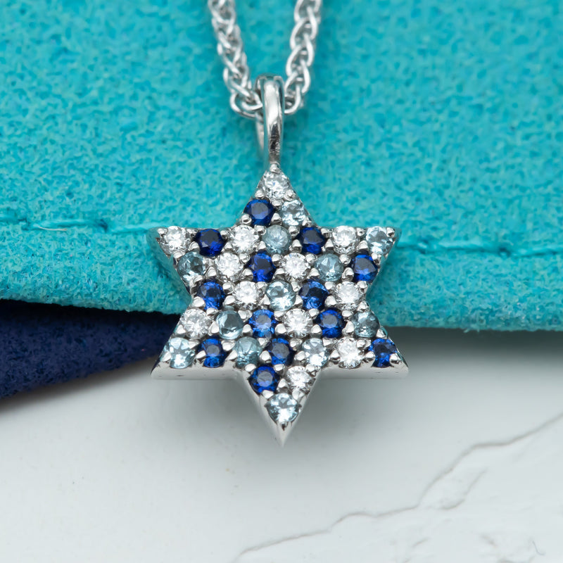 Blue Star of David, Pave Star of David Necklace, Blue Sapphire Topaz Diamonds Unique Star of David Jewish Star 14K Gold Magen David Jewelry