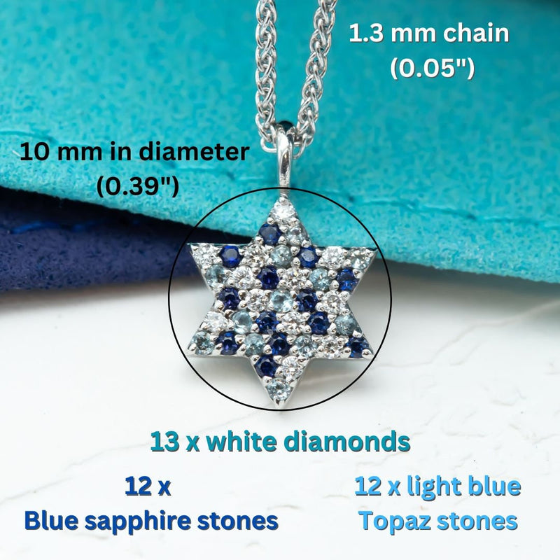 Blue Star of David, Pave Star of David Necklace, Blue Sapphire Topaz Diamonds Unique Star of David Jewish Star 14K Gold Magen David Jewelry