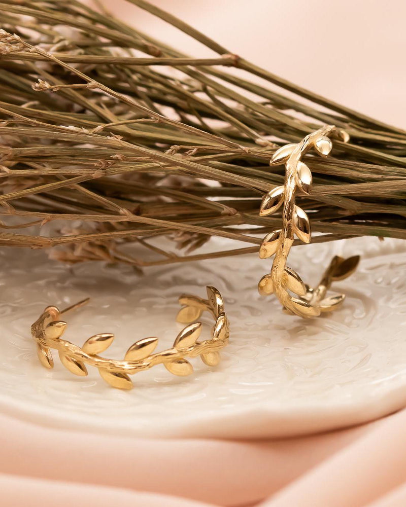 Gold Leaf Hoop Earrings, 14K Solid Gold Hoops, Nature Inspired Jewelry, Olive Branch Earrings, Handmade Botanical Earrings, Gift for Her