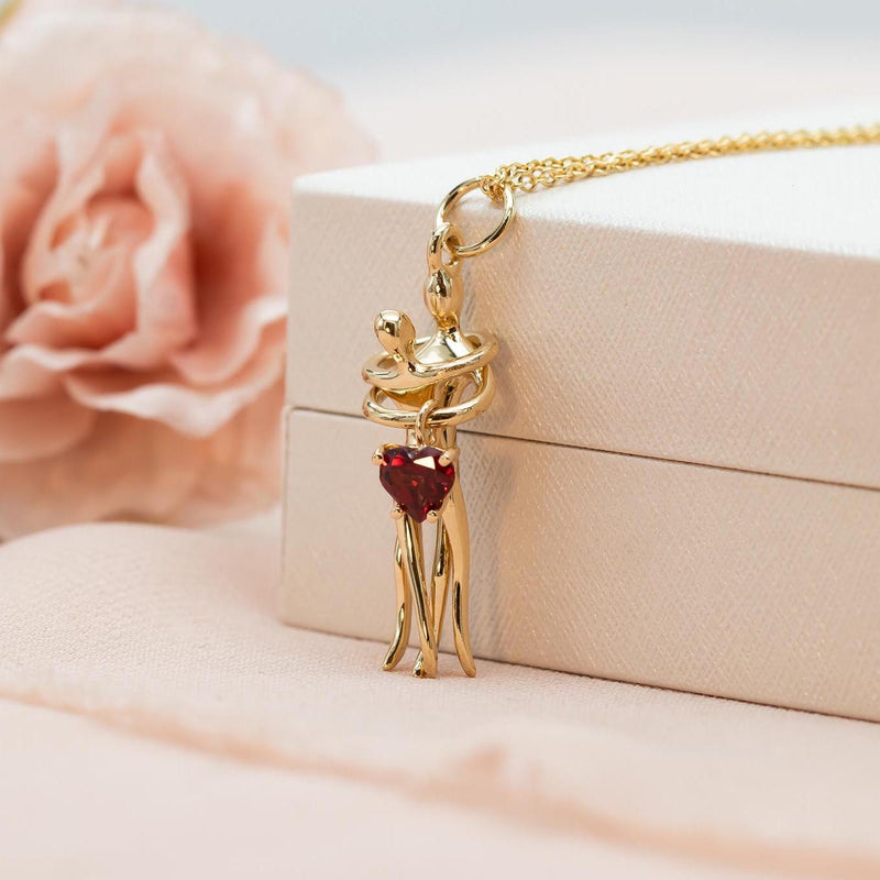 Couples Necklace Love Pendant Dancing Embraced couple 14k Gold Necklace with Red Garnet Heart charm Unique Wedding Anniversary Birthday Gift