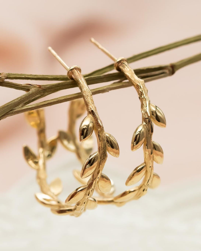 Gold Leaf Hoop Earrings, 14K Solid Gold Hoops, Nature Inspired Jewelry, Olive Branch Earrings, Handmade Botanical Earrings, Gift for Her