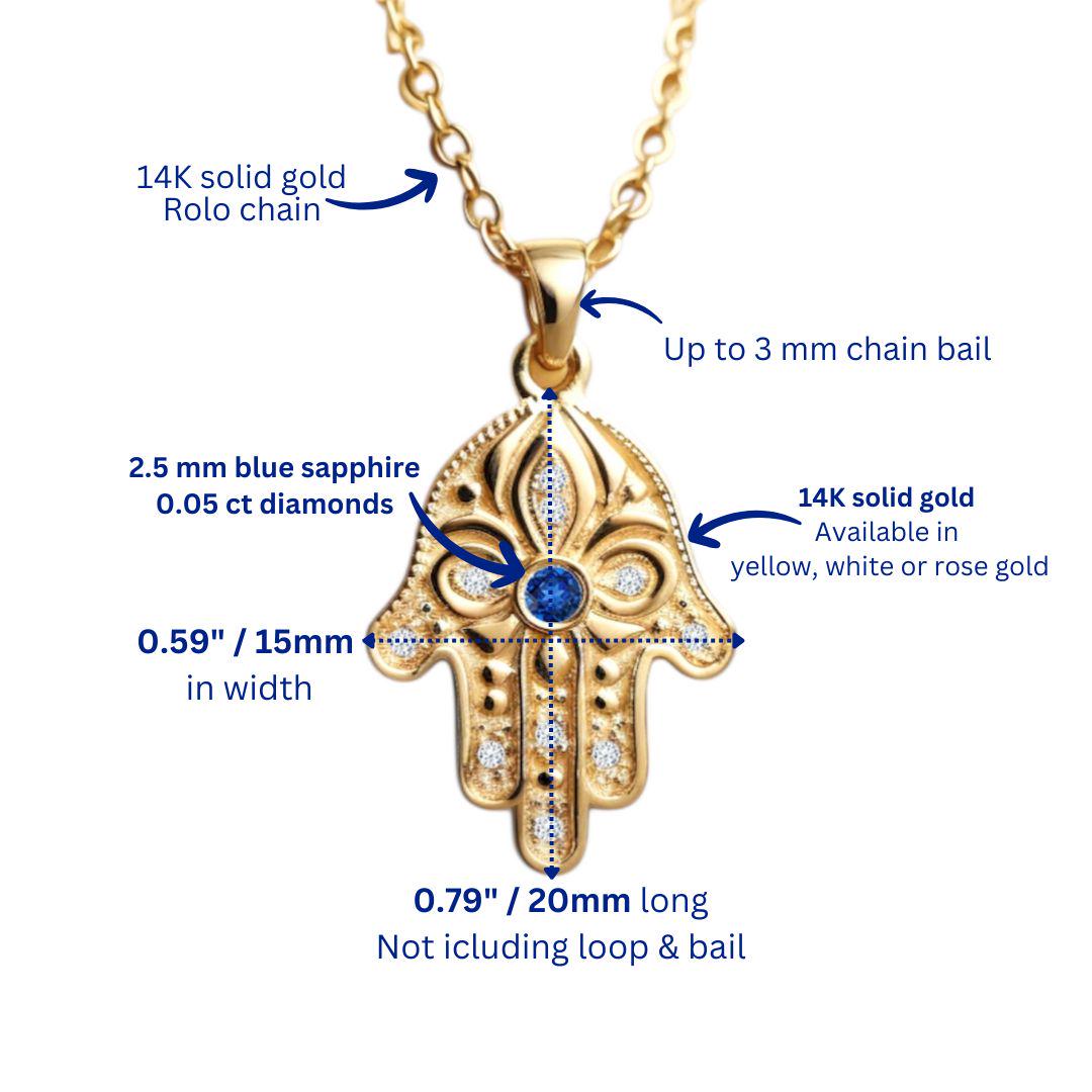 Floral Hamsa Necklace, 14K or 18K Gold Hamsa Pendant Necklace with Blue Sapphire and Diamonds, Hamsa Handmade in Israel