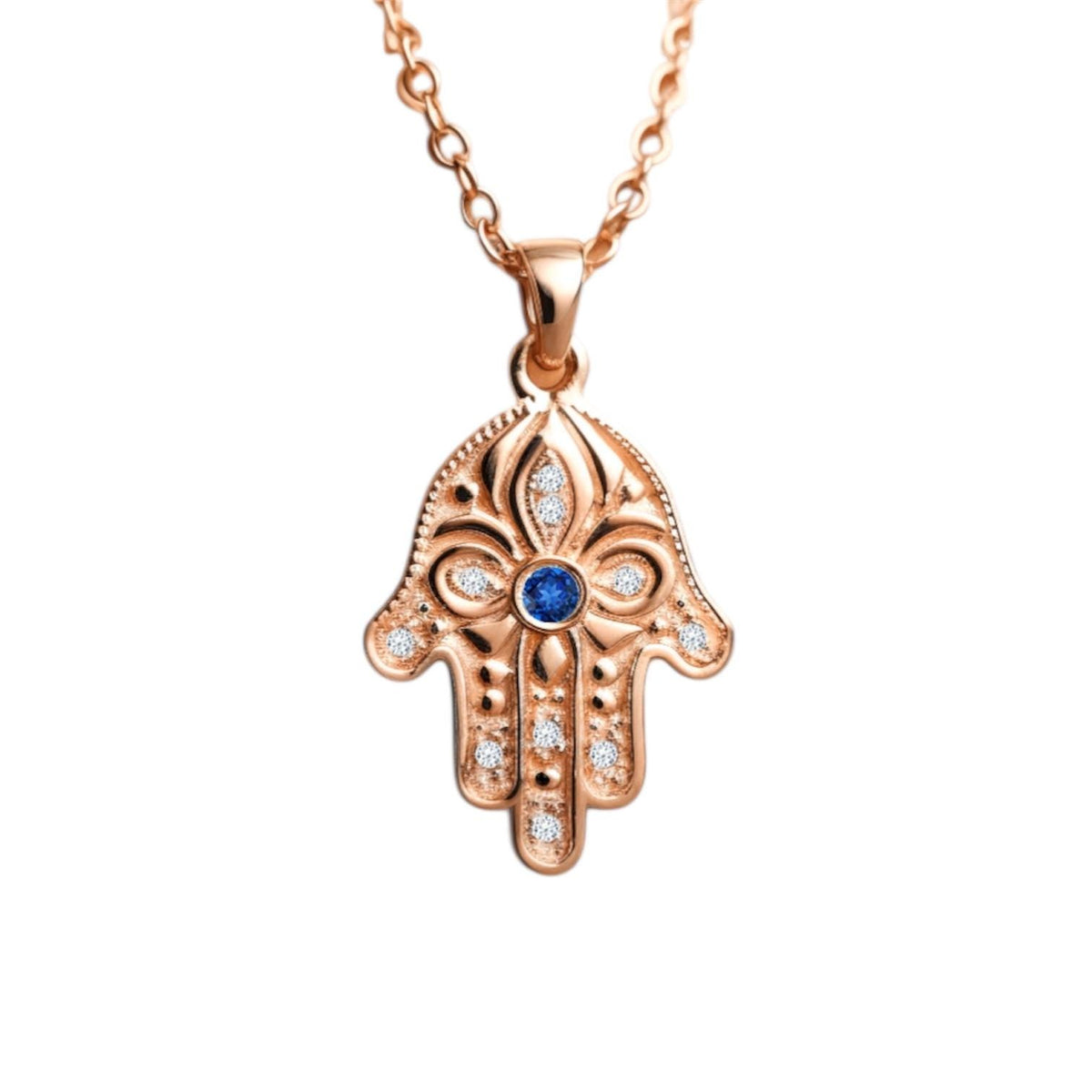Floral Hamsa Necklace, 14K or 18K Gold Hamsa Pendant Necklace with Blue Sapphire and Diamonds, Hamsa Handmade in Israel