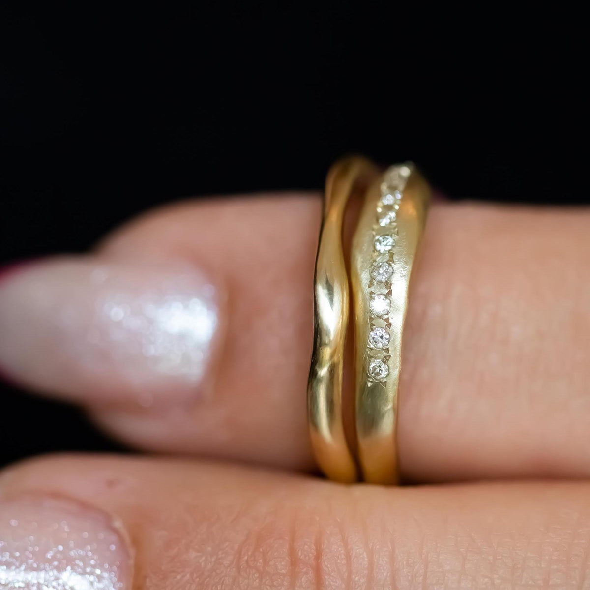 Bridal Set Rings, Sculpted Wedding Set, Rough Gold Weeding Ring Set, 14k Gold Diamond Engagement Wedding Ring Set, Diamond Wedding Ring Set