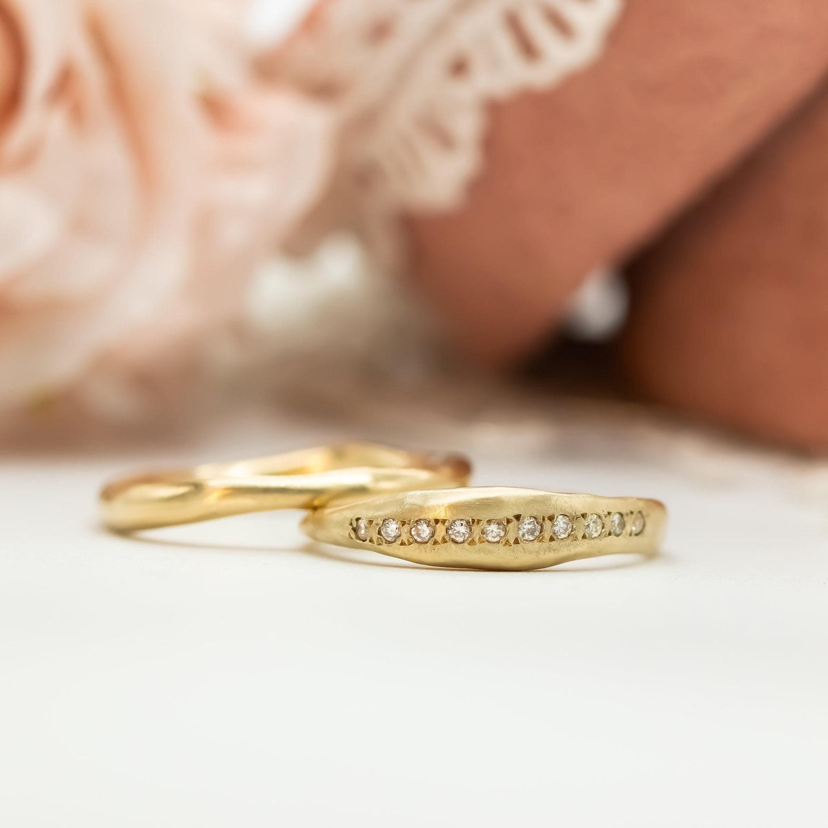 Bridal Set Rings, Sculpted Wedding Set, Rough Gold Weeding Ring Set, 14k Gold Diamond Engagement Wedding Ring Set, Diamond Wedding Ring Set