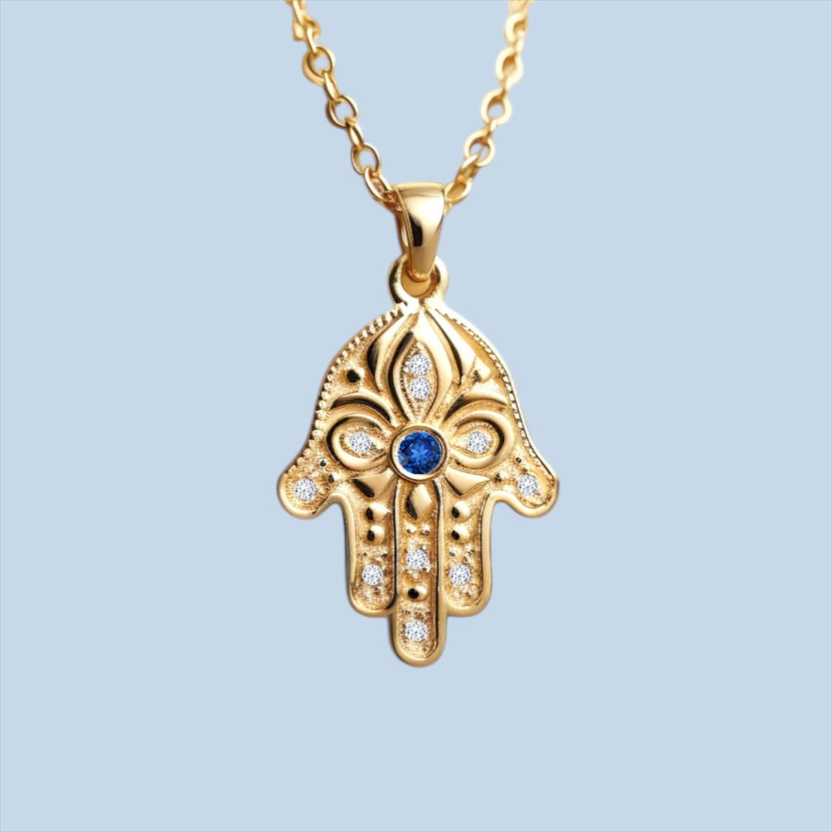Floral Hamsa Necklace, 14K or 18K Gold Hamsa Pendant Necklace with Blue Sapphire and Diamonds, Hamsa Handmade in Israel