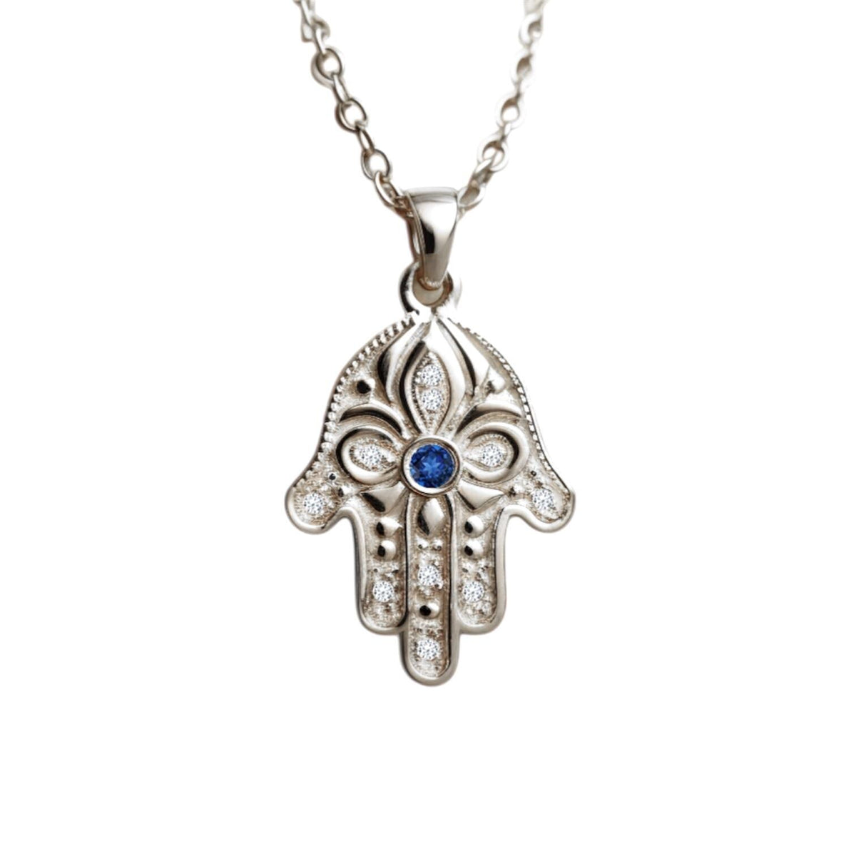 Floral Hamsa Necklace, 14K or 18K Gold Hamsa Pendant Necklace with Blue Sapphire and Diamonds, Hamsa Handmade in Israel