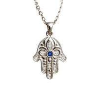 Floral Hamsa Necklace, 14K or 18K Gold Hamsa Pendant Necklace with Blue Sapphire and Diamonds, Hamsa Handmade in Israel