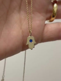 Hamsa Star of David Pendant Necklace Made in Israel, 14k Gold Hamsa Pendant, Blue Star of David Hand Chain, Magen David Necklace from Israel