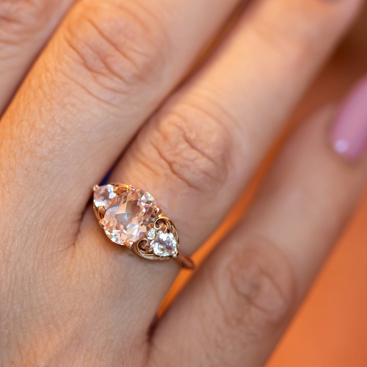 14k gold ring with pink morganite and diamond accents in a heart design. Morganite Engagement Ring in Rose Gold, Oval Engagement Ring, Morganite and Diamonds Ring