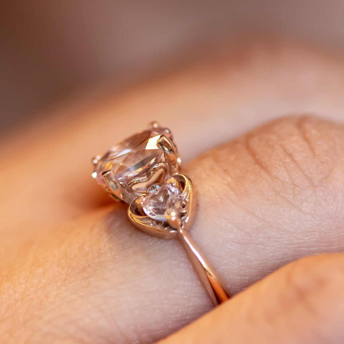 14k gold ring with pink morganite and diamond accents in a heart design. Morganite Engagement Ring in Rose Gold, Oval Engagement Ring, Morganite and Diamonds Ring