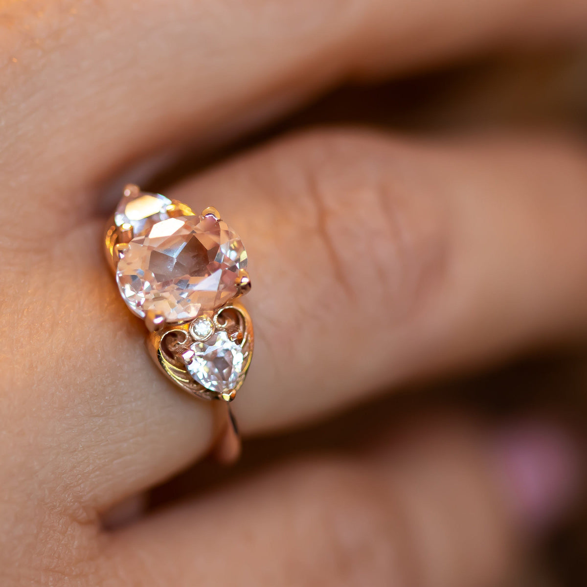14k gold ring with pink morganite and diamond accents in a heart design. Morganite Engagement Ring in Rose Gold, Oval Engagement Ring, Morganite and Diamonds Ring