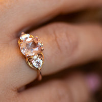 14k gold ring with pink morganite and diamond accents in a heart design. Morganite Engagement Ring in Rose Gold, Oval Engagement Ring, Morganite and Diamonds Ring