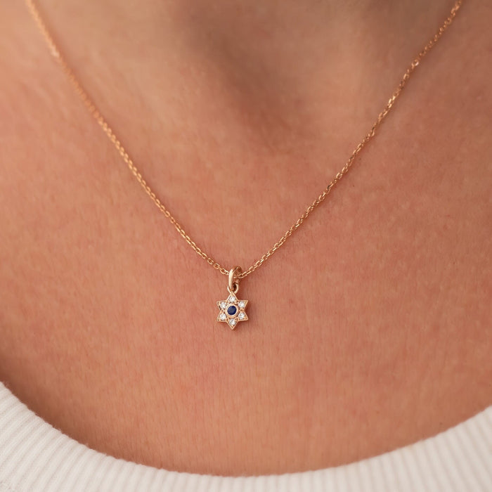 Delicate Diamond Magen David Necklace with blue sapphire | Magen David Jewelry