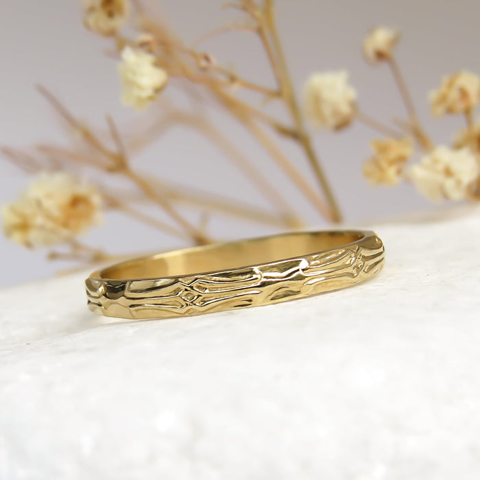 Geometric textured gold wedding band ring in 14k or 18k gold